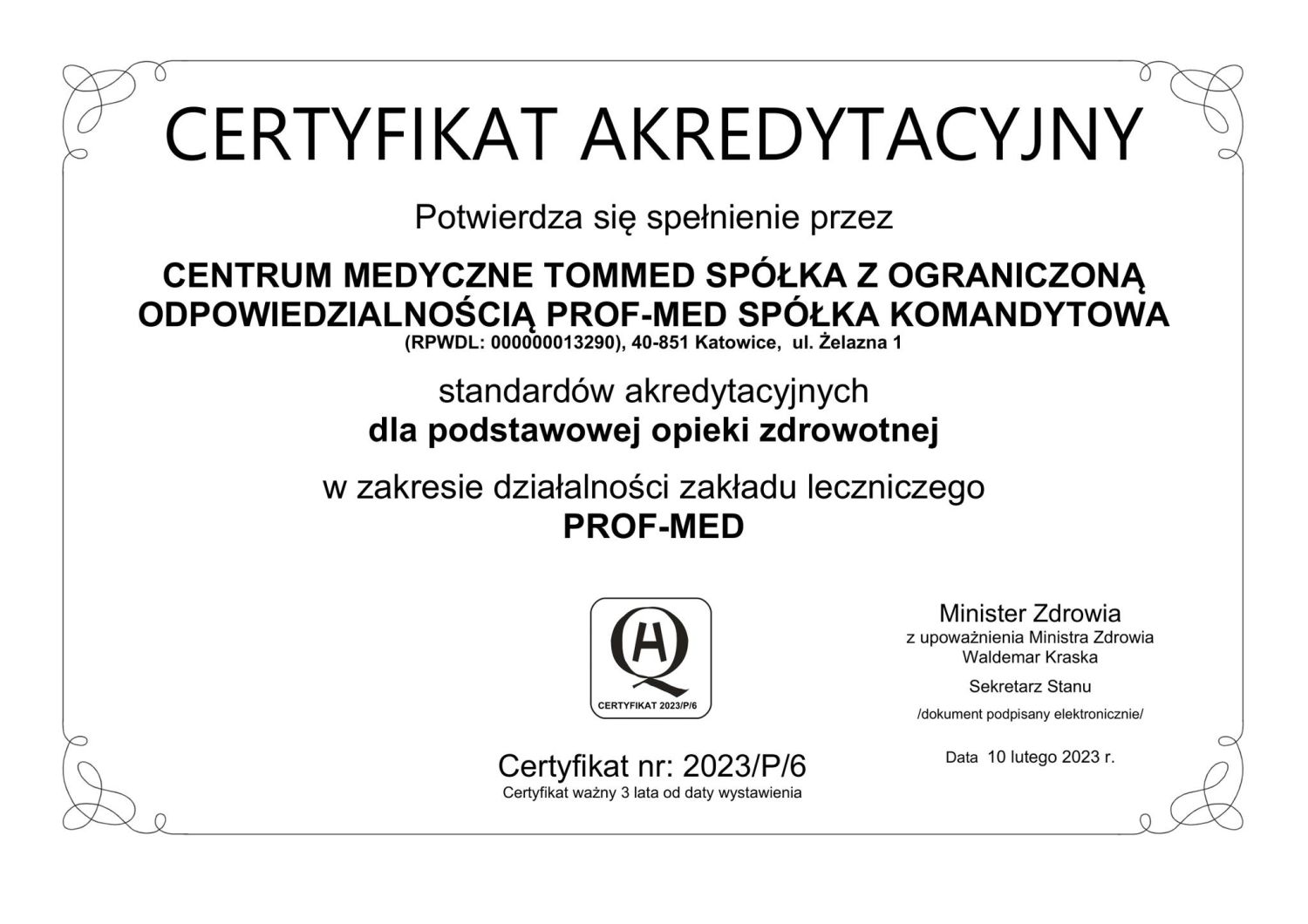 Certyfikat akredytacyjny PROFMED. Szczegóły w treści wpisu.